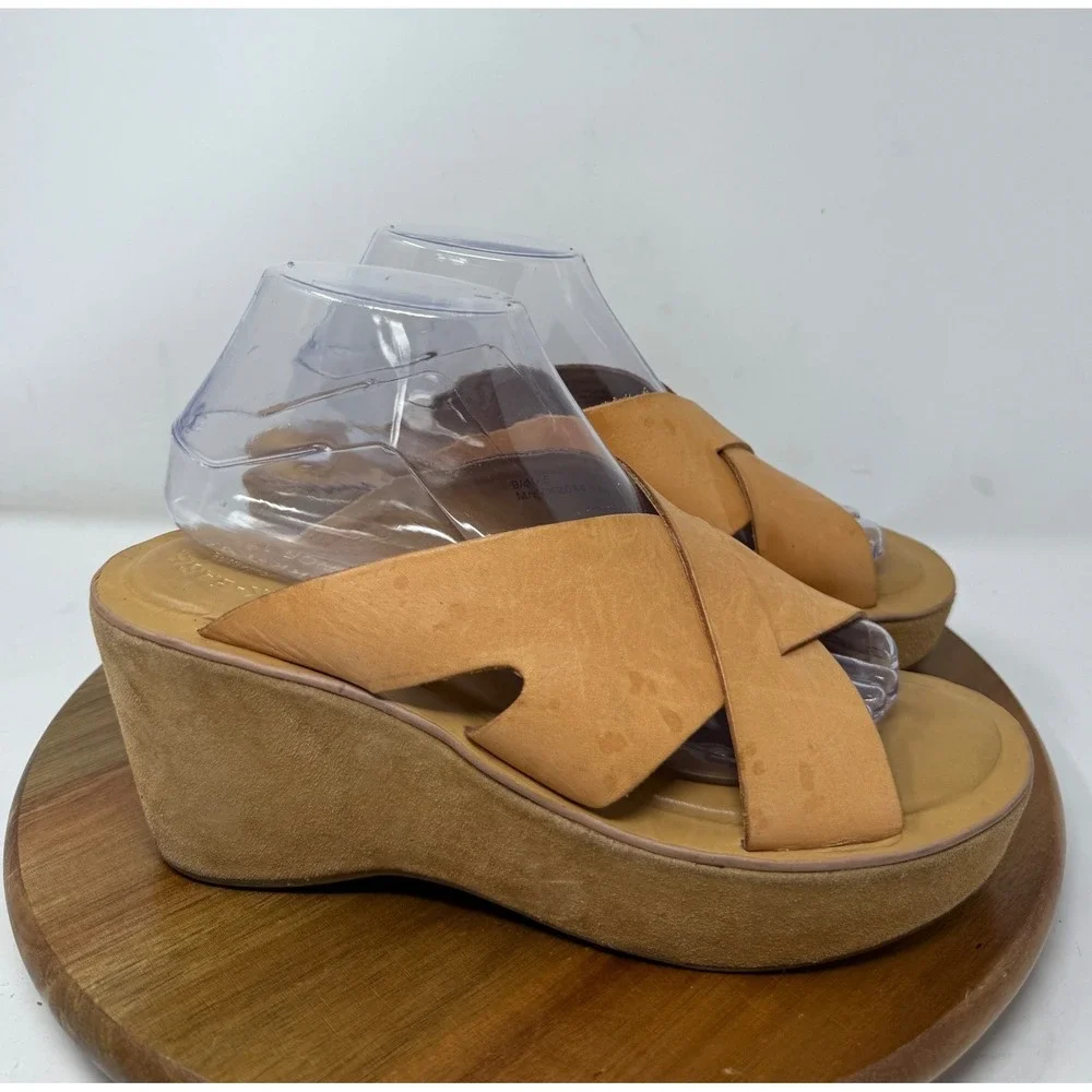 Kork-Ease Womens Tan Leather Crisscross Platform Wedge Slide Sandals Size 9